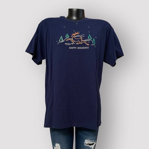VTG Christmas Tee Reindeer Trees Mens L Comfy Holiday Short Sleeved T-Shirt Blue - Picture 1 of 8